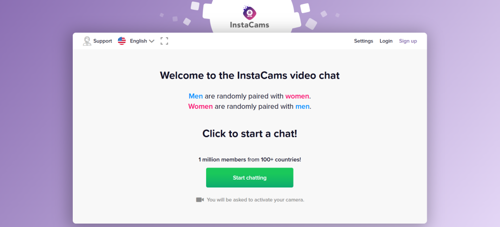 Instacams official website homepage showing video chat platform features and user-friendly navigation.