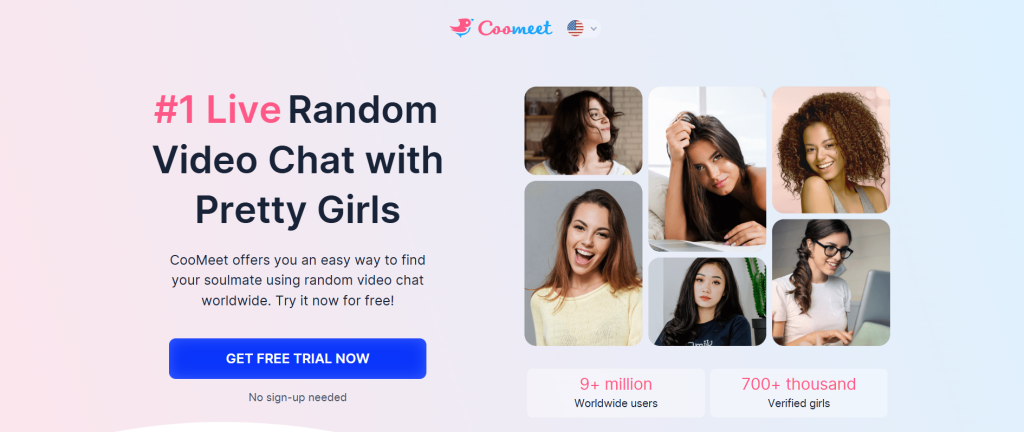 Coomeet video chat website homepage showing the main interface and start chat button.