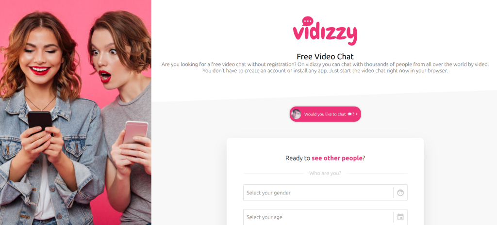 Vidizzy video chat platform homepage with minimalist design and quick connect options
