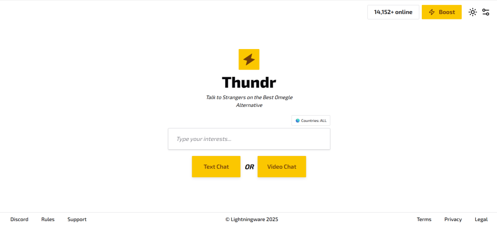 Thundr homepage interface for random video chat – connect instantly with girls, chat anonymously with strangers, live chat in America, and explore global online connections."
