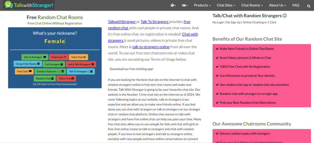 Talk with Stranger homepage interface for random video chat online – chat with girls, meet strangers anonymously
