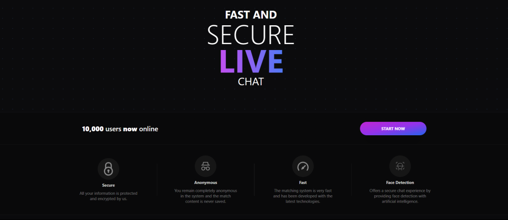 FTF Live video chat platform homepage with login and start chat options
