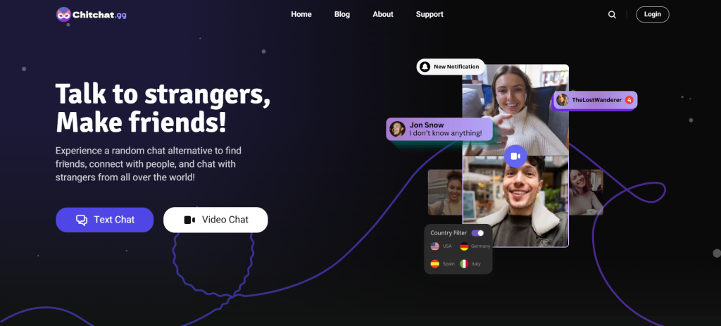 ChitChat homepage interface showing free random video chat, chat with girls, talk anonymously with strangers worldwide in real time