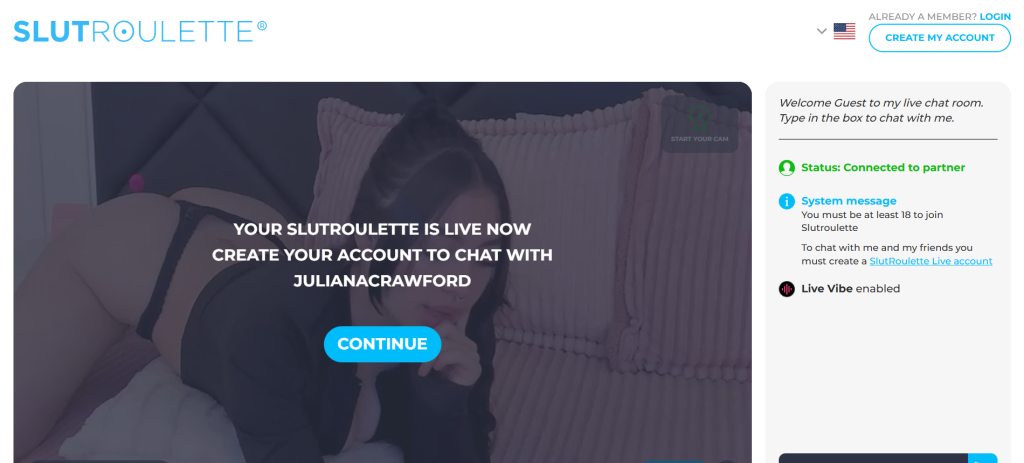 Slutroulette random video chat platform screenshot with live cam models, free chat options, and anonymous cam-to-cam interaction.