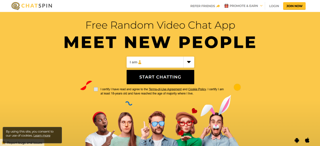 Chatspin random video chat platform on laptop screen with global cam connections, free chat, anonymous sex chat, and live video with girls.