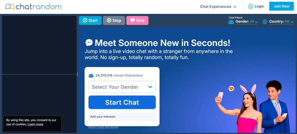 Chatrandom random video chat interface showing live cam connections with global users, gender filters, and chat controls on screen.