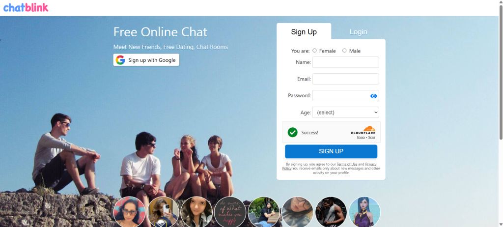 Chatblink homepage screenshot showing random video chat interface, free cam chat with strangers, chat with girls live, anonymous online chat rooms