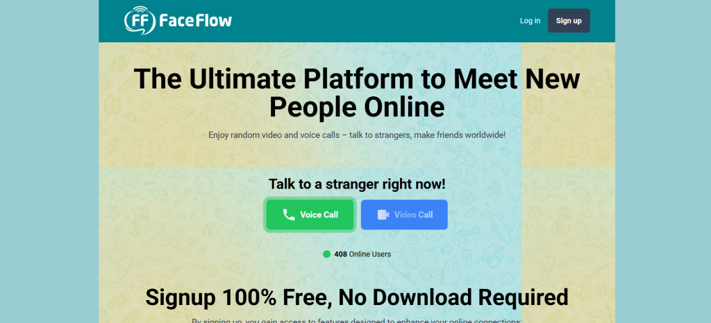 FaceFlow homepage screenshot – random video chat, free group video calls, anonymous chat online, chat with girls live, global cam chat