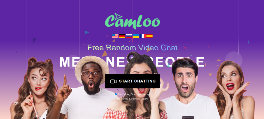 Camloo homepage showing start chat button and clean interface