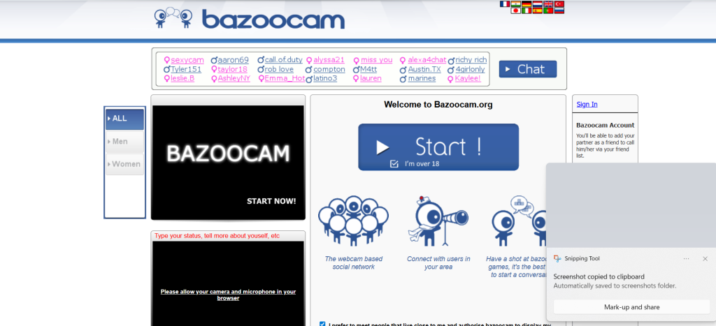 Bazoocam homepage interface showing start chat button for instant connections