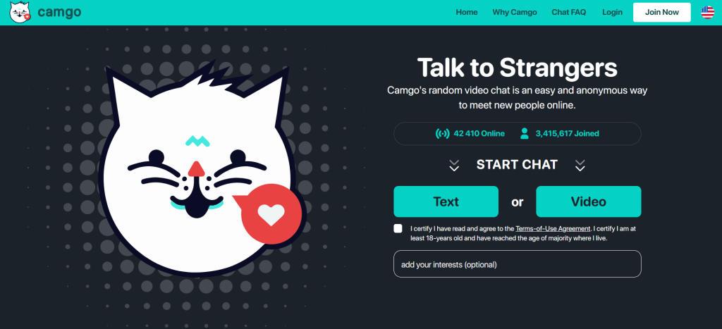 Camgo official homepage interface showing chat start button for random video chat