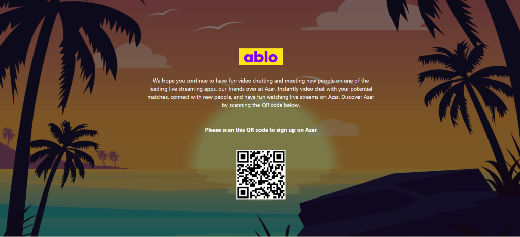 Ablo homepage screenshot showing random video chat platform for live global face-to-face interactions