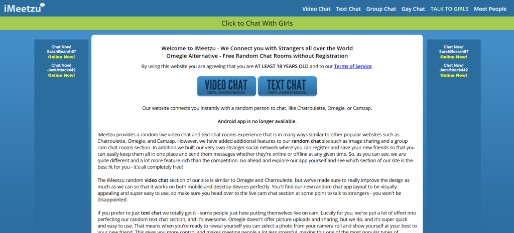 iMeetzu homepage screenshot of online cam platform for random video chat, cam to cam, and live face-to-face interactions