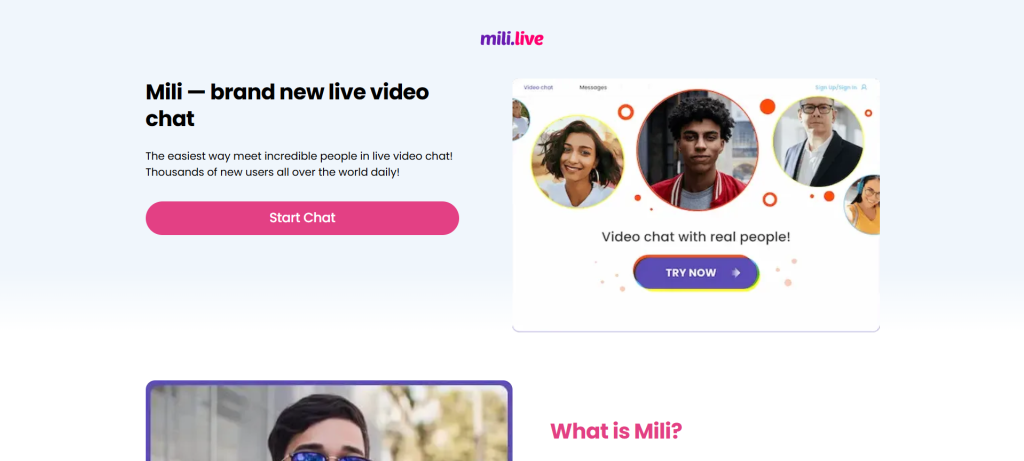 Mili Random Chat homepage screenshot of online cam platform for random video chat, cam to cam, and live face-to-face interactions
