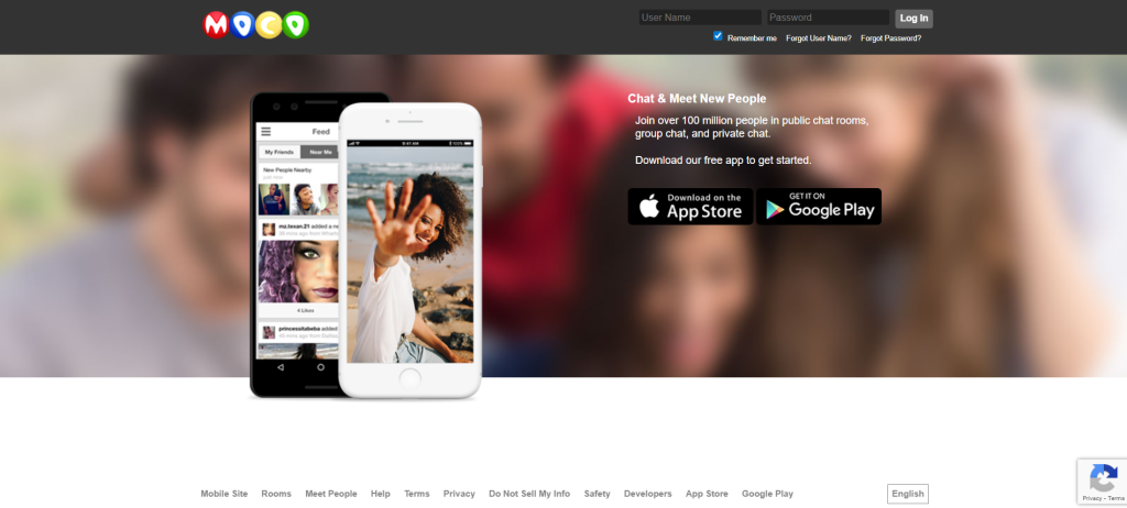 MocoSpace homepage screenshot of online cam platform for random video chat, cam to cam, and live social interactions