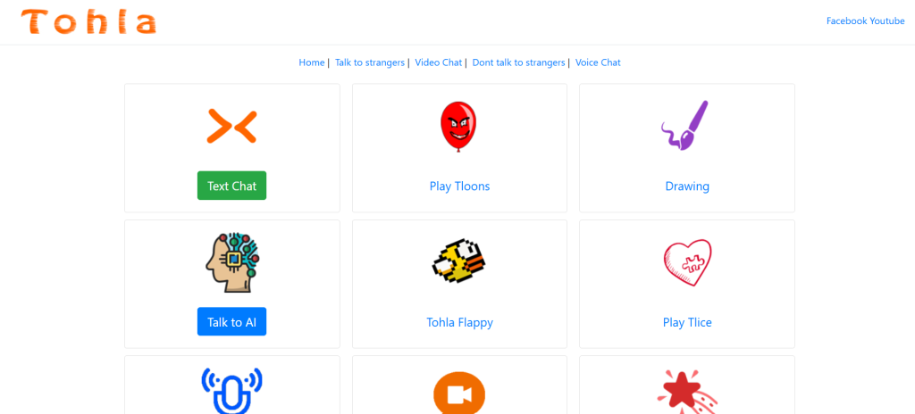 Tohla homepage screenshot of online cam platform for random video chat, cam to cam, and live face-to-face interactions