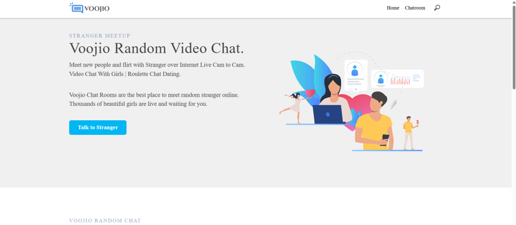 Voojio homepage screenshot of online cam platform for random video chat, cam to cam, and live face-to-face interactions