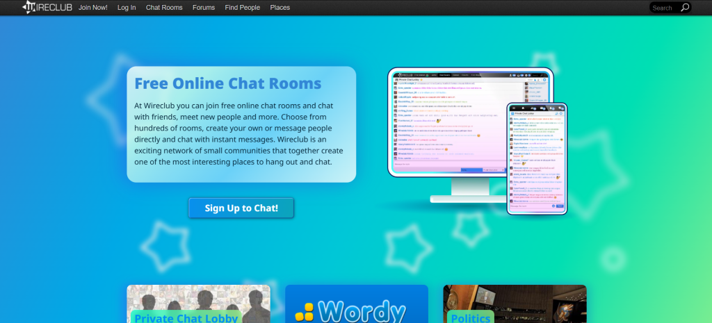 Wireclub homepage screenshot of online cam platform for random video chat, cam to cam, and live social interactions