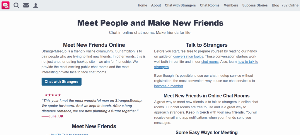 StrangerMeetUp homepage screenshot of random video chat platform for live face-to-face interactions online