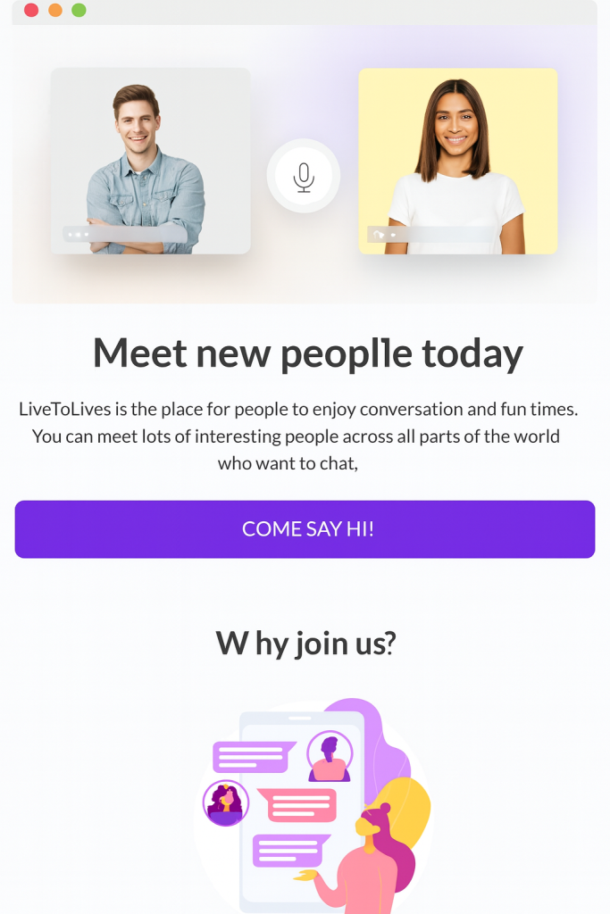 Screenshot of LiveToLives homepage showing live video chat rooms, free cam chat features, and Omegle-style interface for chatting with strangers worldwide.