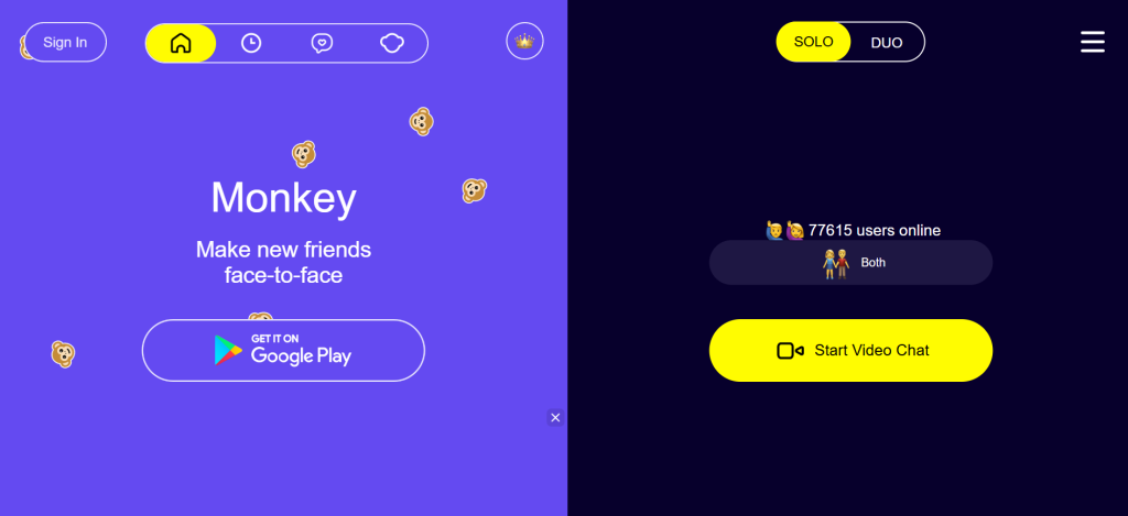 Screenshot of Monkey Cool homepage showing live video chat interface, free cam chat rooms, and Omegle-style design for chatting with strangers worldwide.