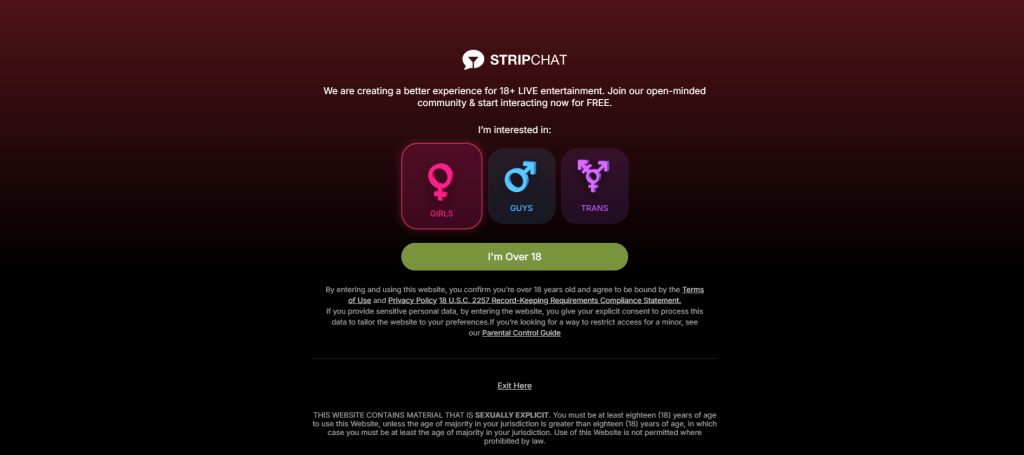 StripChat homepage showing live cam shows, free chat rooms, and interactive video chat options similar to Omegle alternatives.