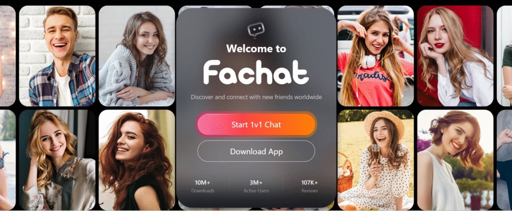 Fachat homepage showing free random video chat rooms and cam2cam chat features to meet new people instantly.”