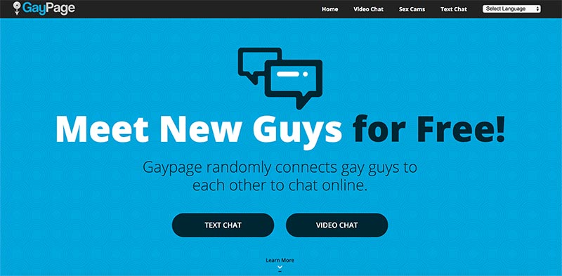 GayPage homepage featuring free gay random video chat rooms and cam2cam chat options to connect instantly.