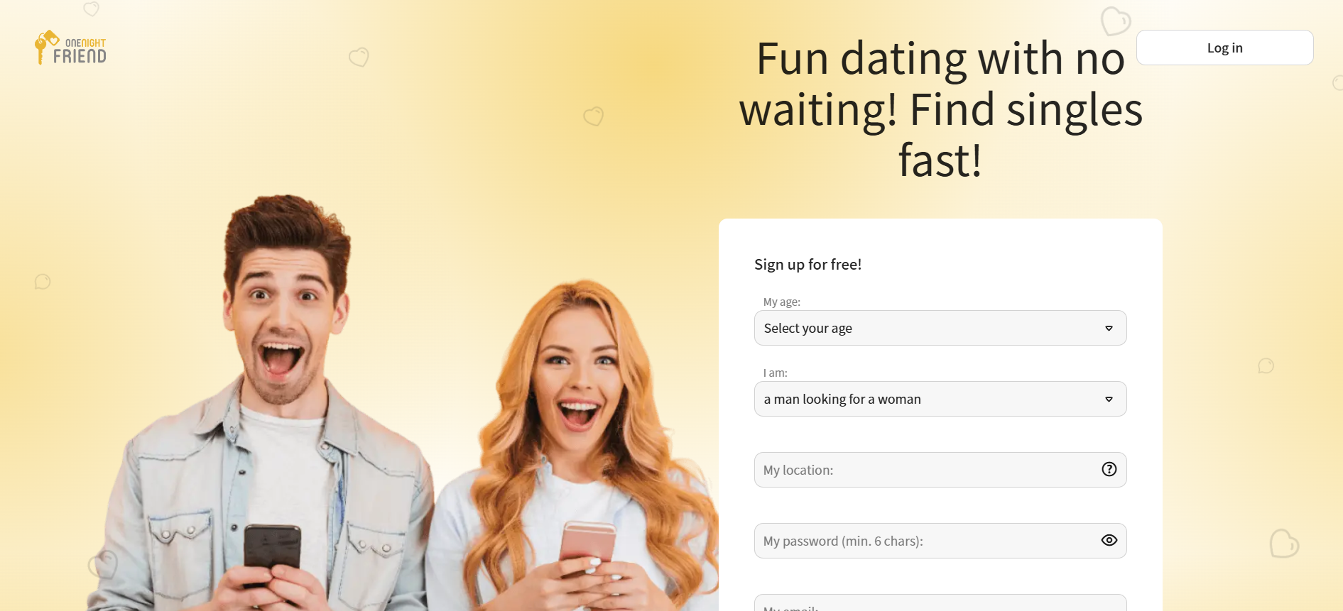 OneNightFriend homepage showing cam2cam chat and free chat rooms where users can connect, talk to strangers, and enjoy live cam sessions.