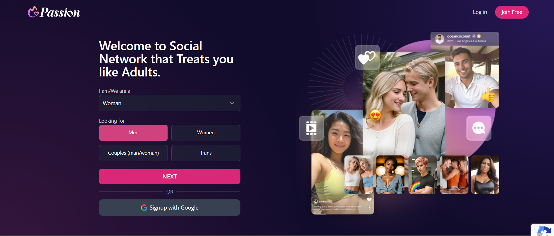 Passion.com homepage showing free cam2cam chat and random video chat rooms where users can connect, chat to strangers, and enjoy live cam sessions.