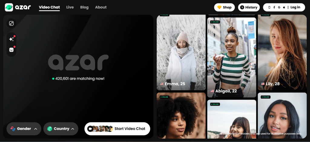 Azar Video Chat homepage screenshot showing random video chat features and instant global cam-to-cam connections with strangers online