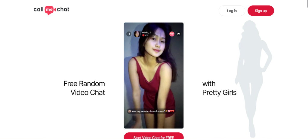 Callmechat homepage screenshot showing random video chat features, instant cam-to-cam connections, and live communication with strangers