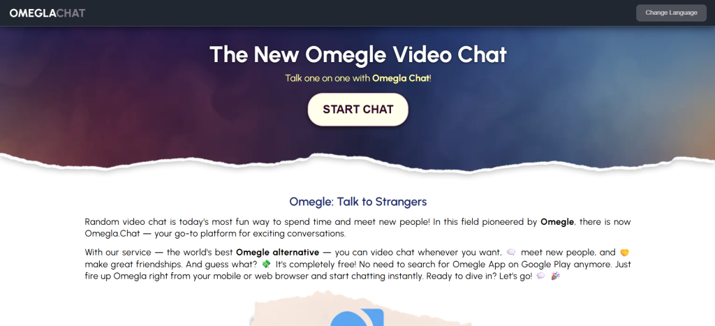 Omegla Chat homepage screenshot highlighting random video chat features, meet new people online, and instant face-to-face webcam matching