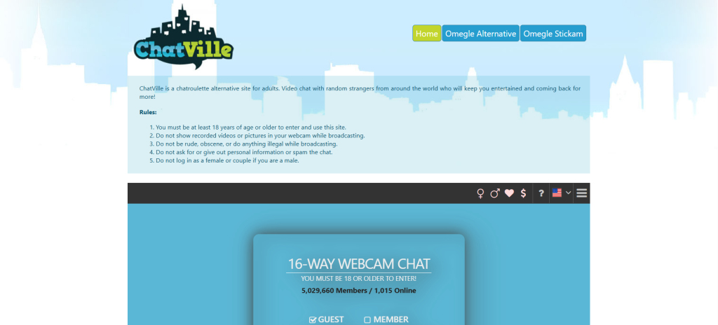 Screenshot of Chatville homepage featuring free random chat rooms, live webcam interactions, and Omegle-style cam2cam video chat options.