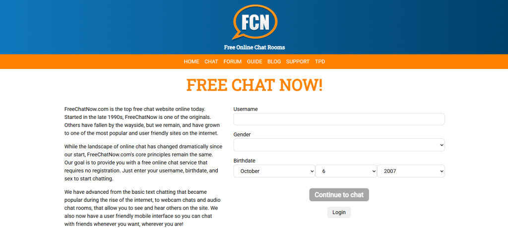 Screenshot of FreeChatNow homepage showing live random video chat rooms and free cam2cam connections for chatting with new people.