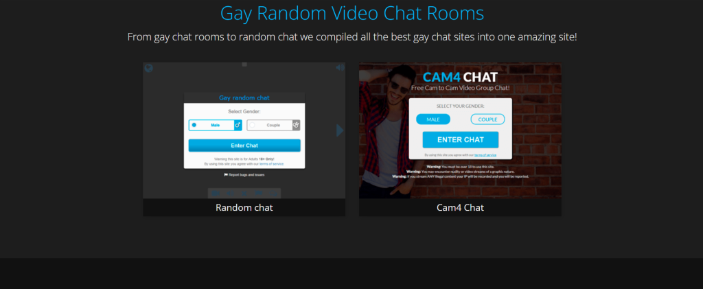 Screenshot of GayConnect homepage showing live gay random chat rooms and free cam2cam connections with strangers worldwide.