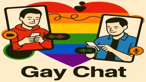 Gay chat online platform concept showing live video chat and real time conversations between men