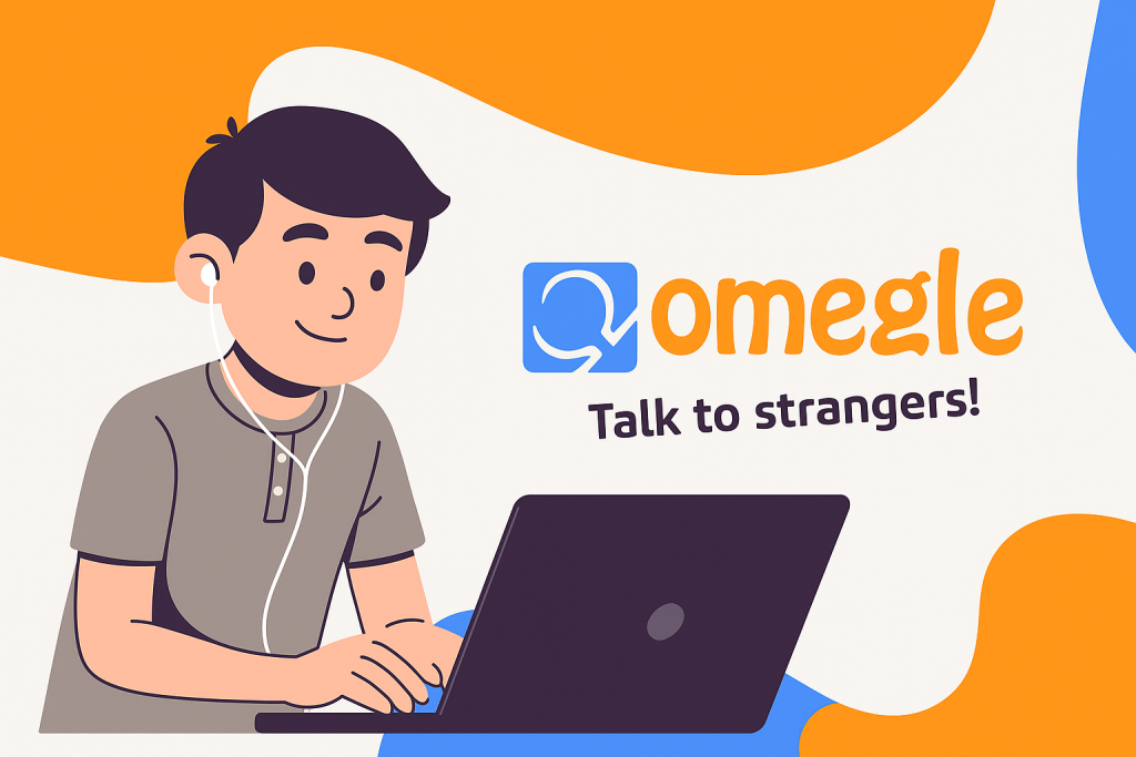 Omegle video chat review banner showing face to face conversations and anonymous cam chat concept