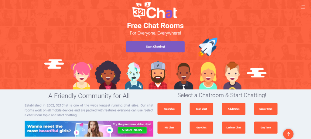 321Chat homepage showing random video chat platform for anonymous face-to-face interactions with strangers.