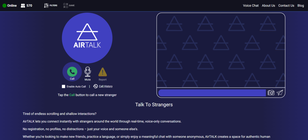 AirTALK homepage showing random video chat platform for talking to strangers online with live webcam features.