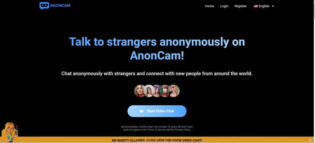 AnonCam homepage showing random video chat platform for anonymous face-to-face interactions with strangers