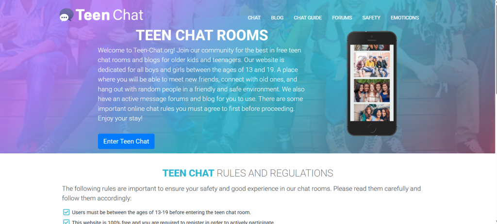 Teen Chat homepage showing online chat platform for teens to talk to strangers and make friends