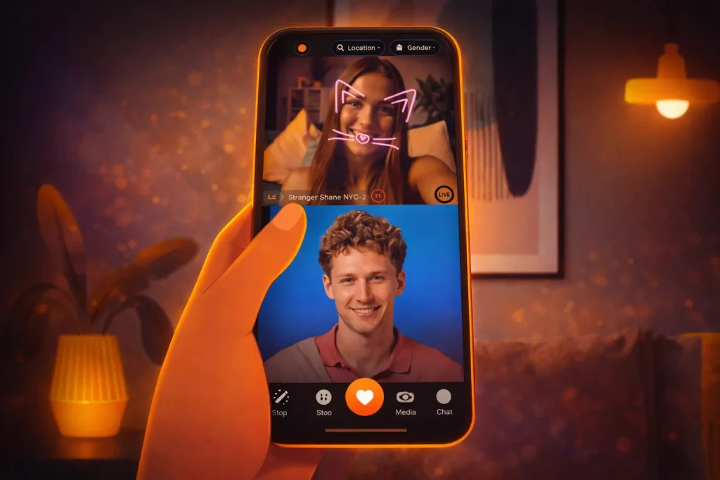 free random chat with girls interface representing anonymous video chat and instant pairing system to chat with women online