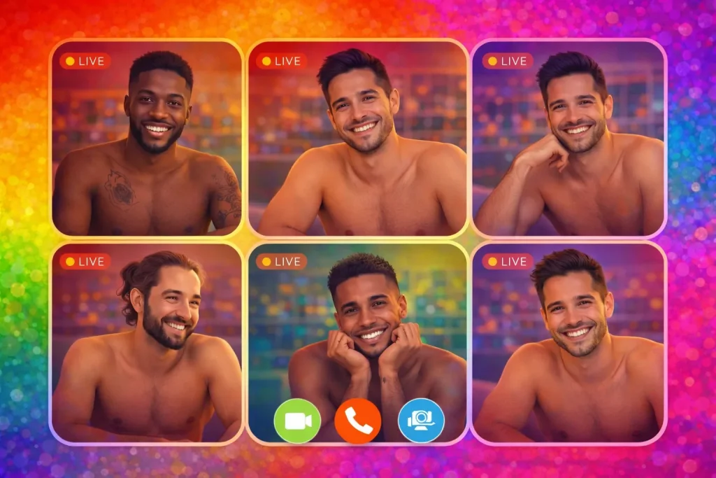 gay video chat interface representing anonymous video chat and instant pairing system to chat with strangers online