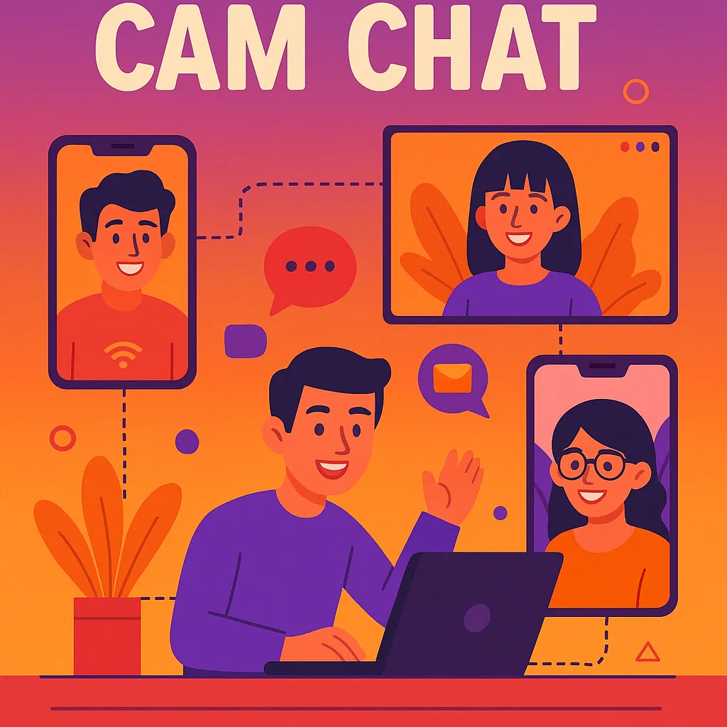Interface showing random cam chat options with instant pairing system, live video chat tools, anonymous 1v1 webcam features, and online stranger chat community