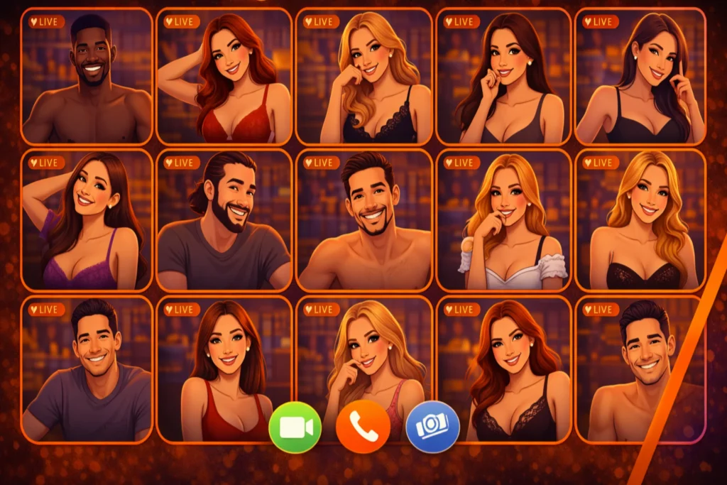 sex chat room interface representing live adult video chat with strangers and instant random pairing system