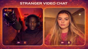 stranger video chat interface representing anonymous video chat and instant pairing system to chat to strangers online
