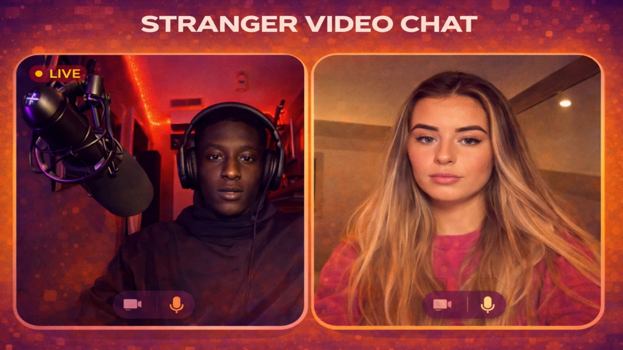 stranger video chat interface representing anonymous video chat and instant pairing system to chat to strangers online
