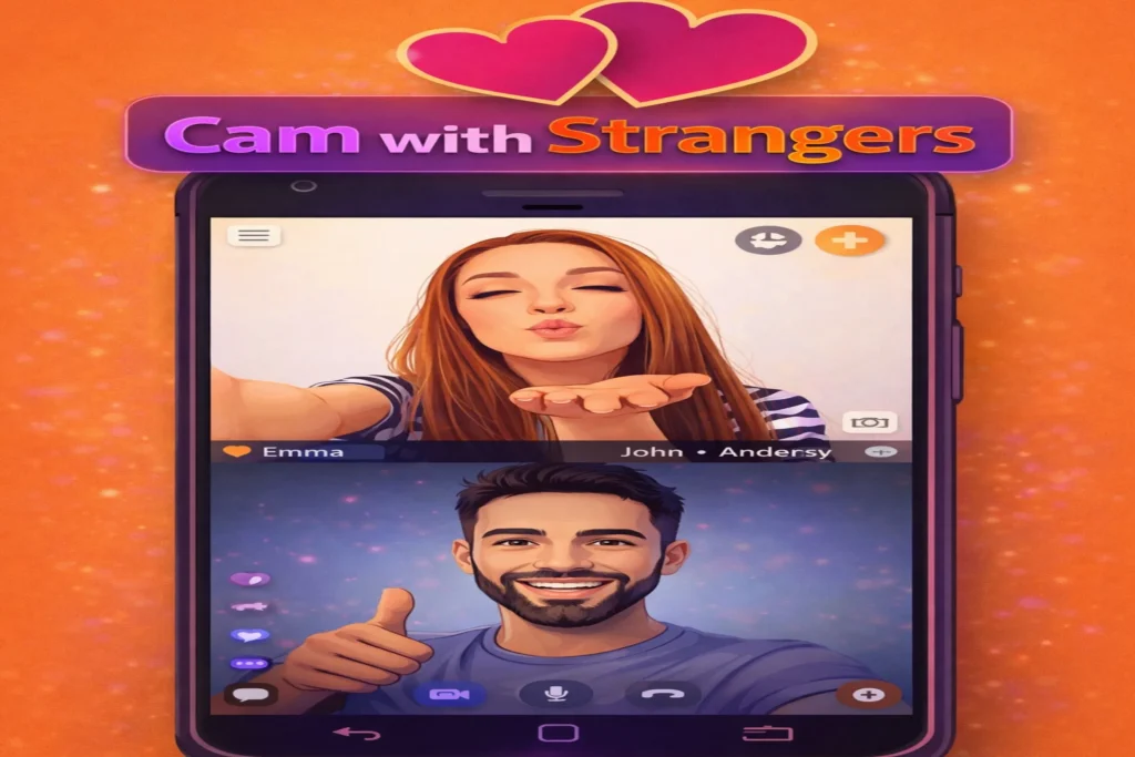 cam with strangers interface representing anonymous video chat and instant pairing system to chat to strangers online