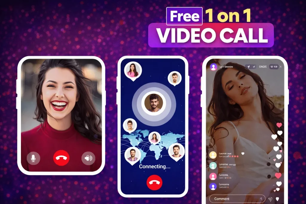 free 1 on 1 video call interface representing anonymous video chat with instant pairing for private conversations